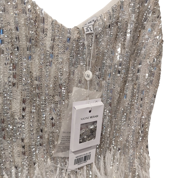 NWT Nadine Merabi Christy Silver White Beaded Sequin Crystal Feather Dress S/M/6 - Picture 3 of 16